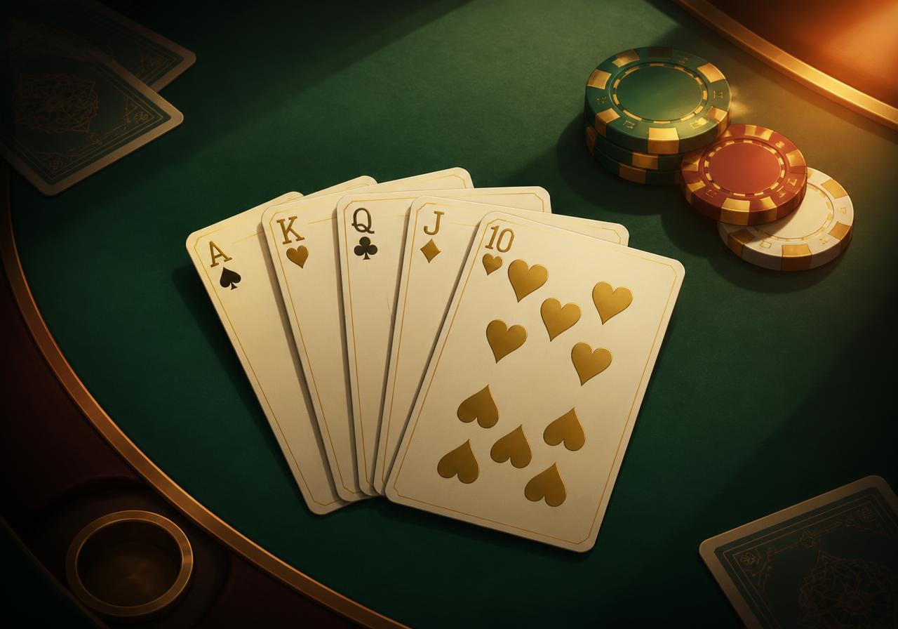 A fan of playing cards and chips on a green felt card table